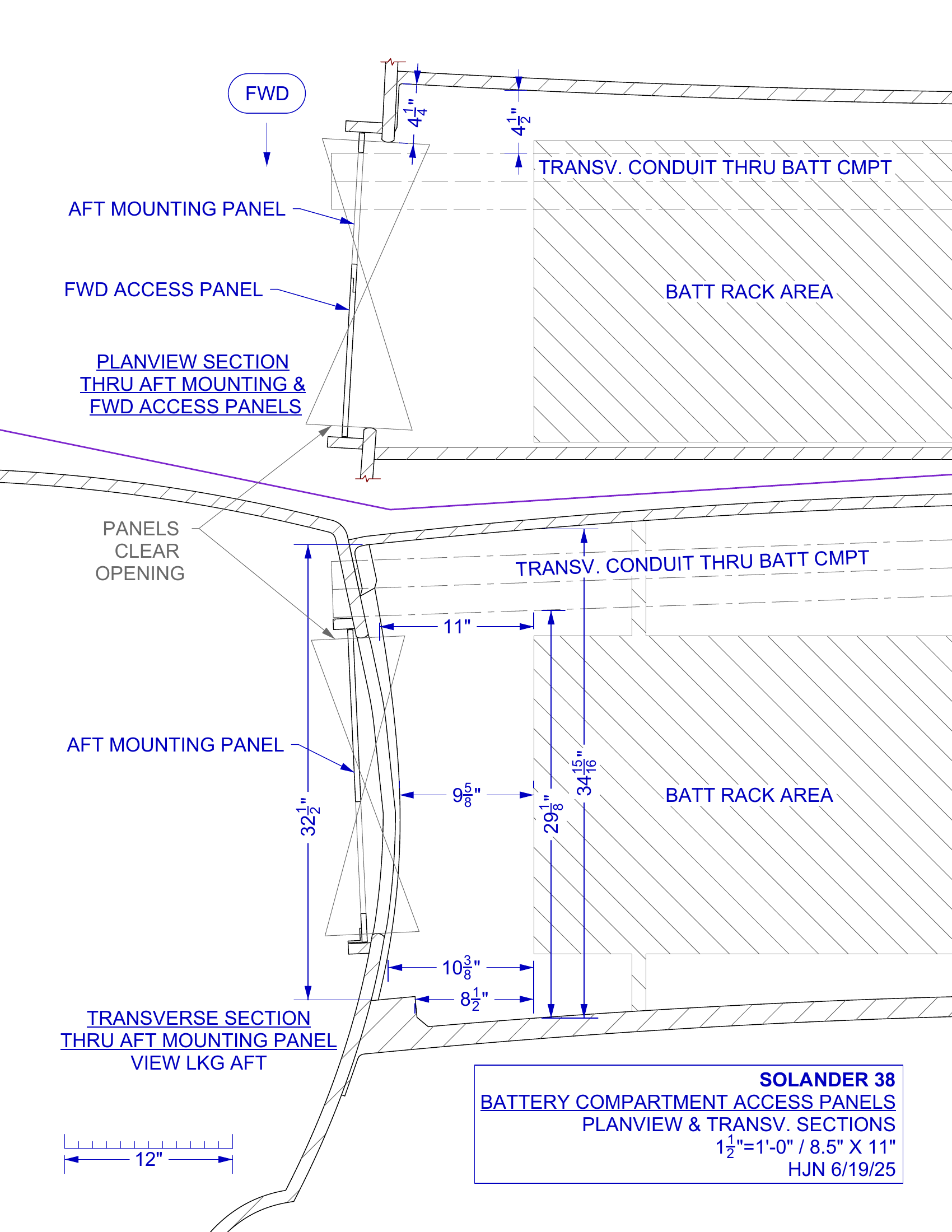 battery access panels planview & transverse sections