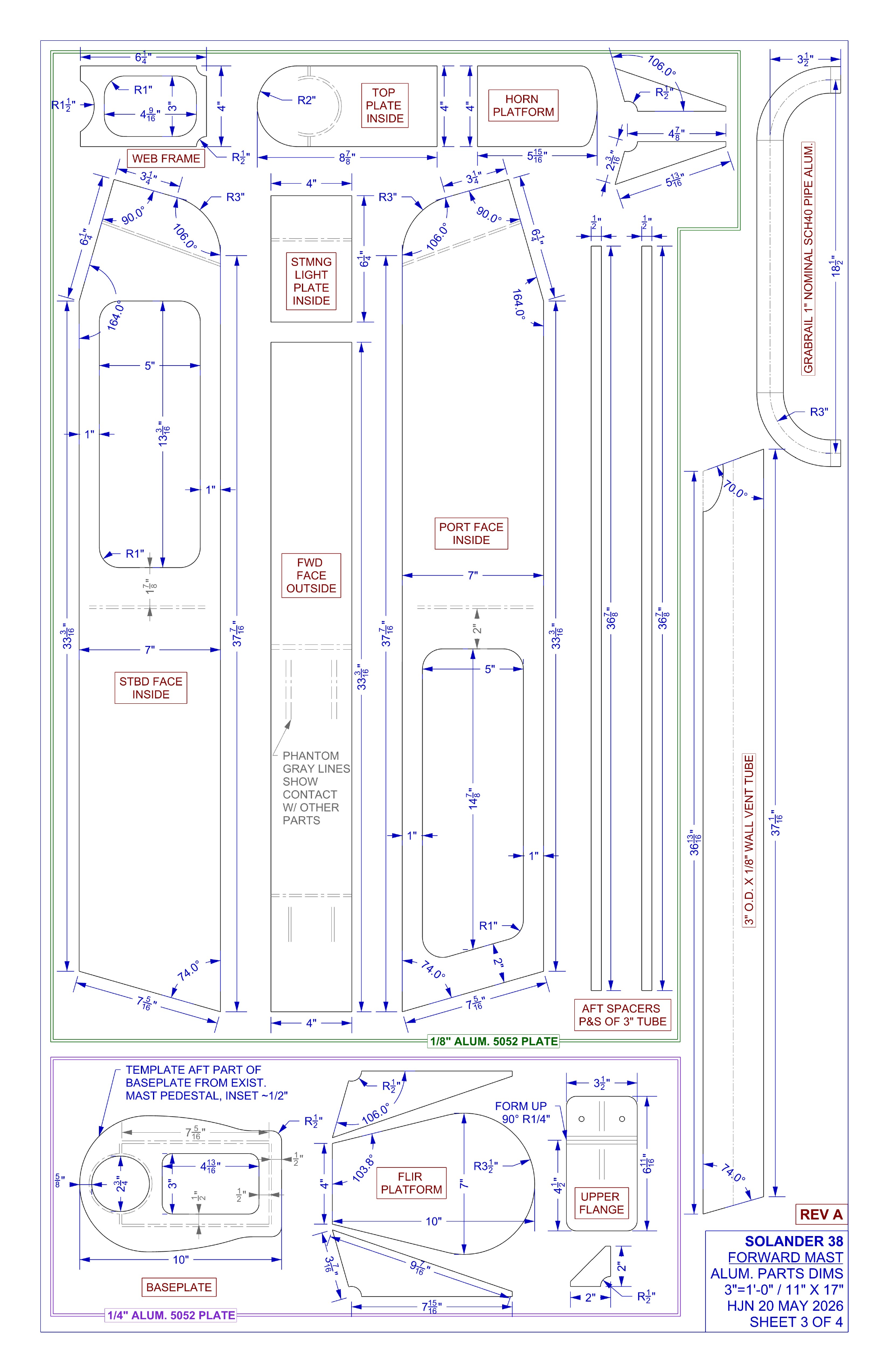 forward mast rev A sheet 3 of 4 aluminum parts dimensions
