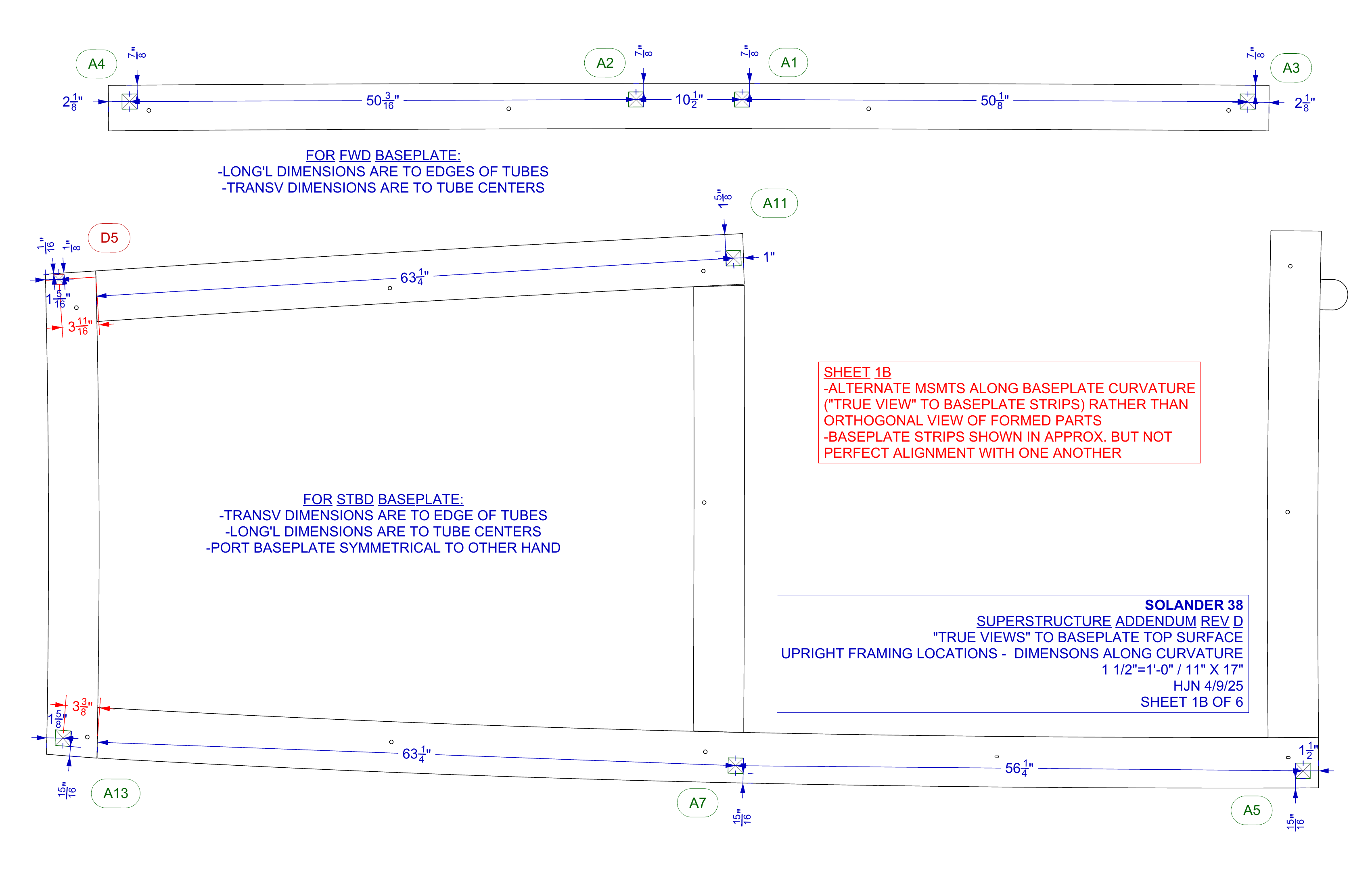 superstructure addendum rev D sheet 1B of 6 - upright locations true views to curvature